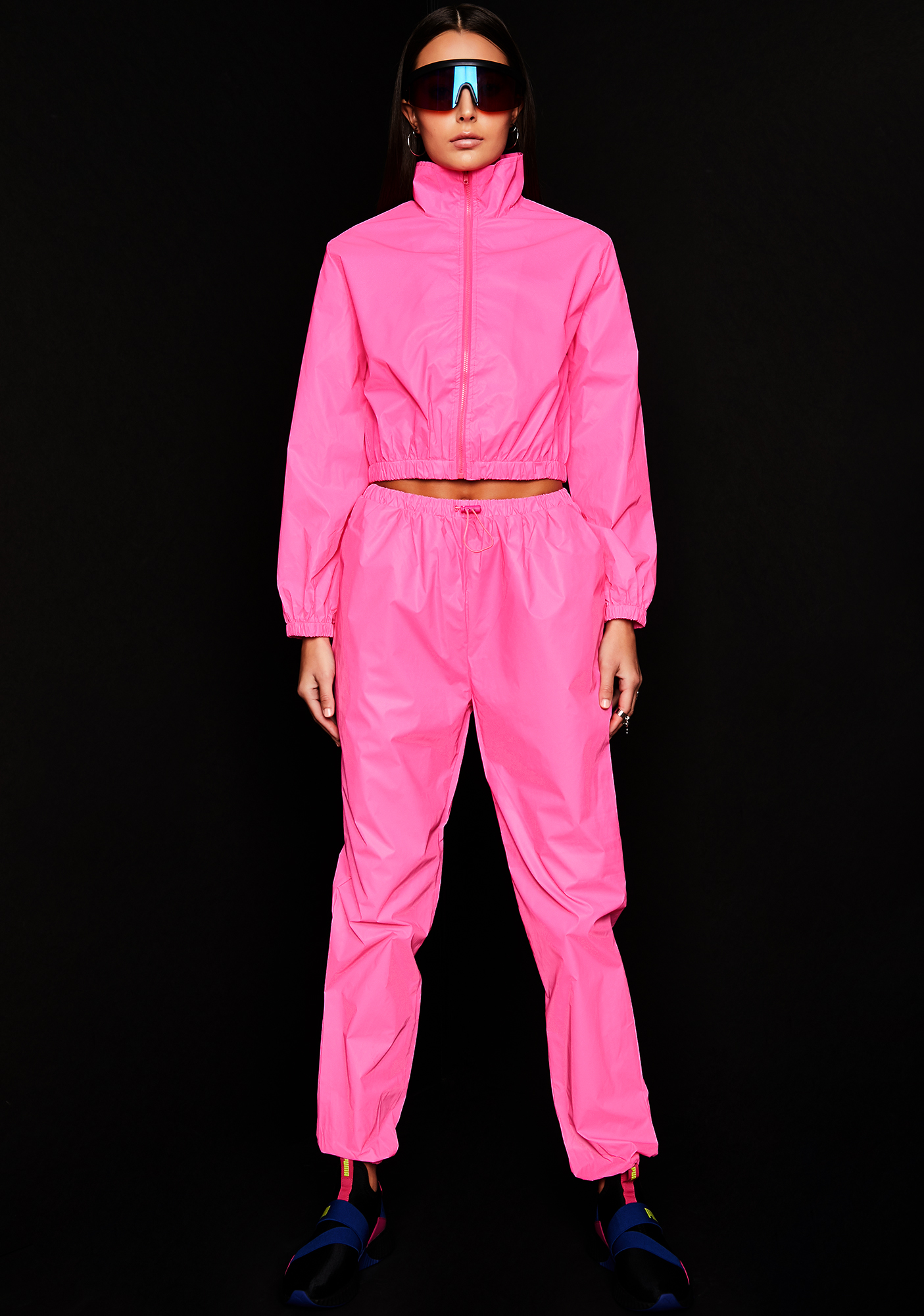 Neon Pink Reflective Crop Jacket And Pants Set Dolls Kill