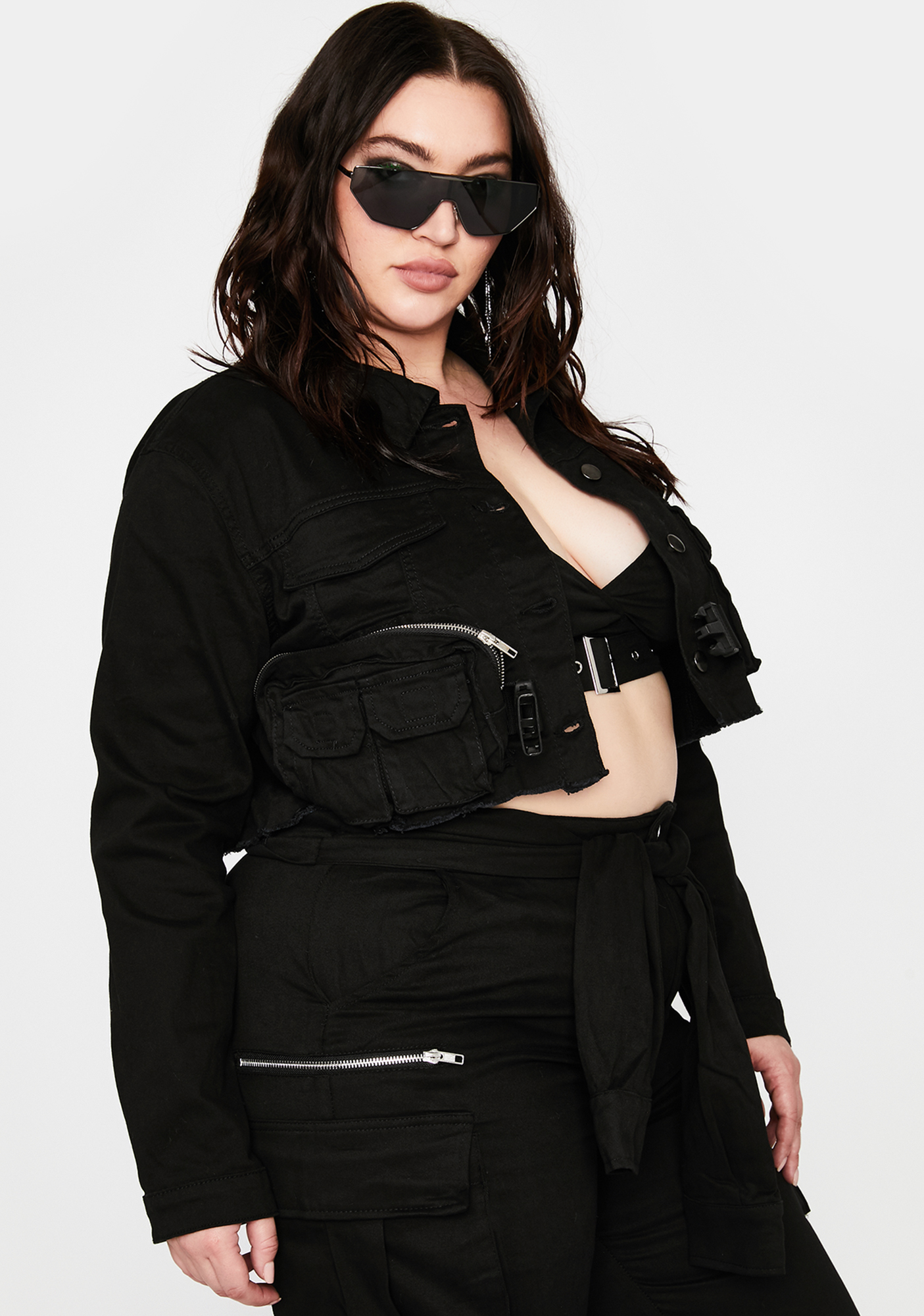 Plus Size Black Utility Techwear Cropped Denim Cargo Jacket Dolls Kill