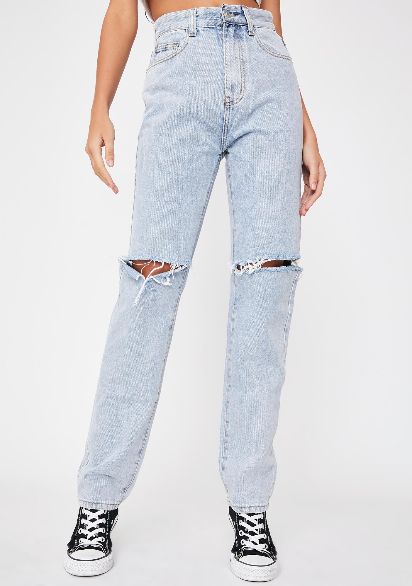 Momokrom Slashed Knee Straight Leg Jeans | Dolls Kill