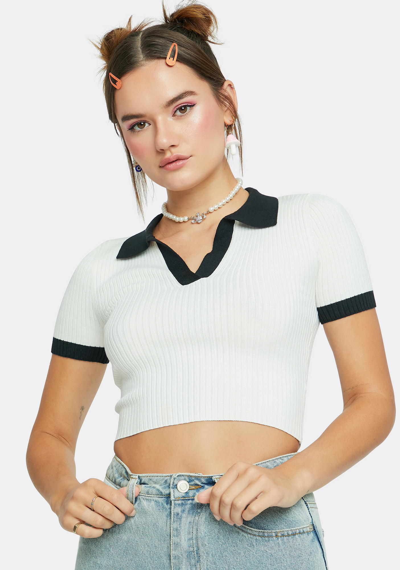 Ribbed Collared Crop Top White Dolls Kill 4484