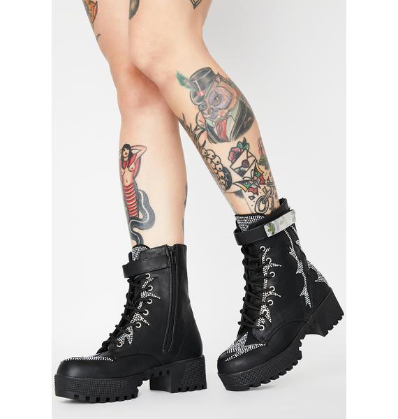 Rhinestone Heeled Combat Boots Black Dolls Kill