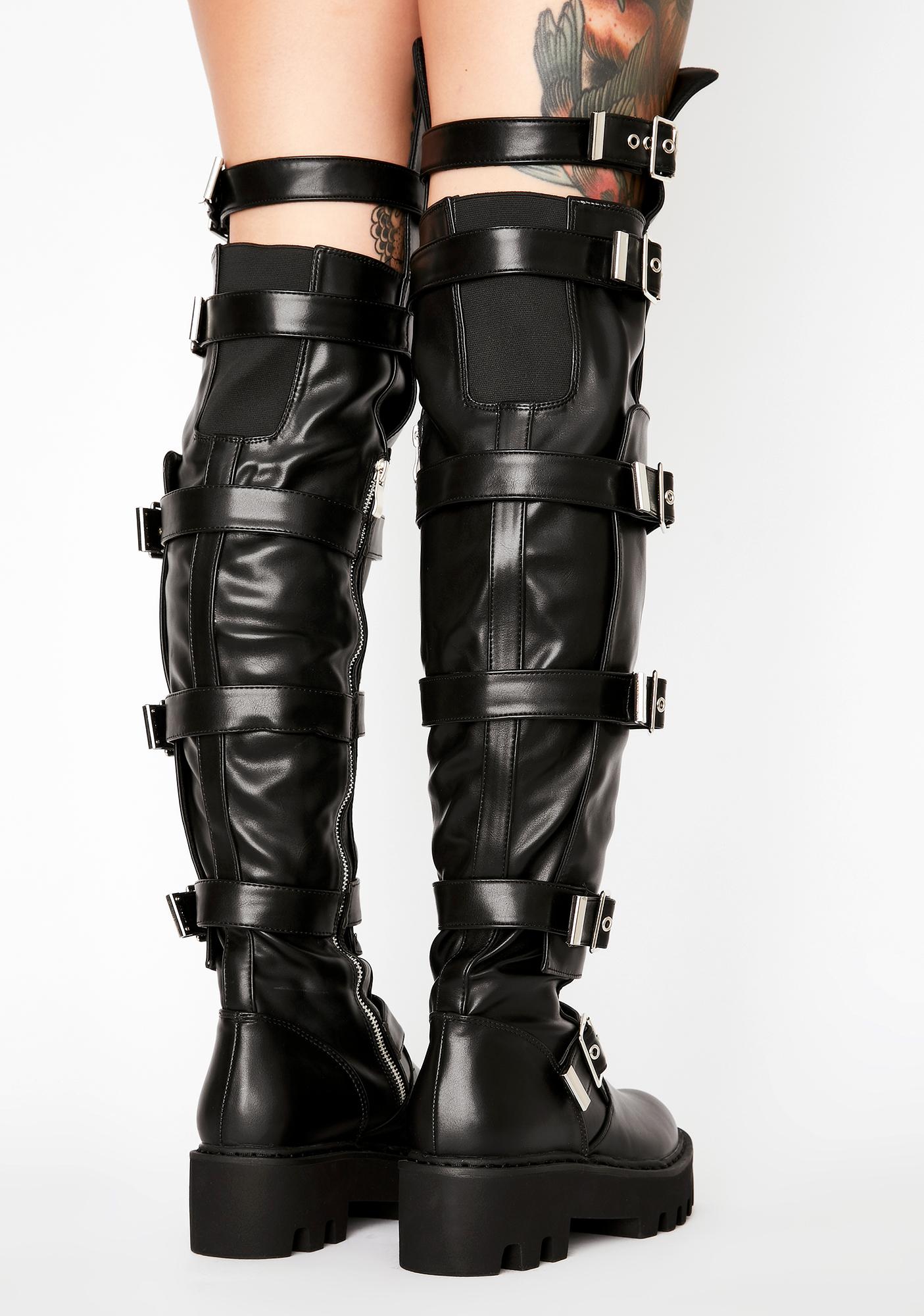 Black Thigh High PU Vegan Leather Buckle Boots | Dolls Kill
