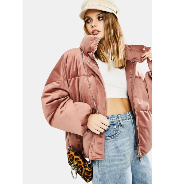 velvet puffer jacket pink