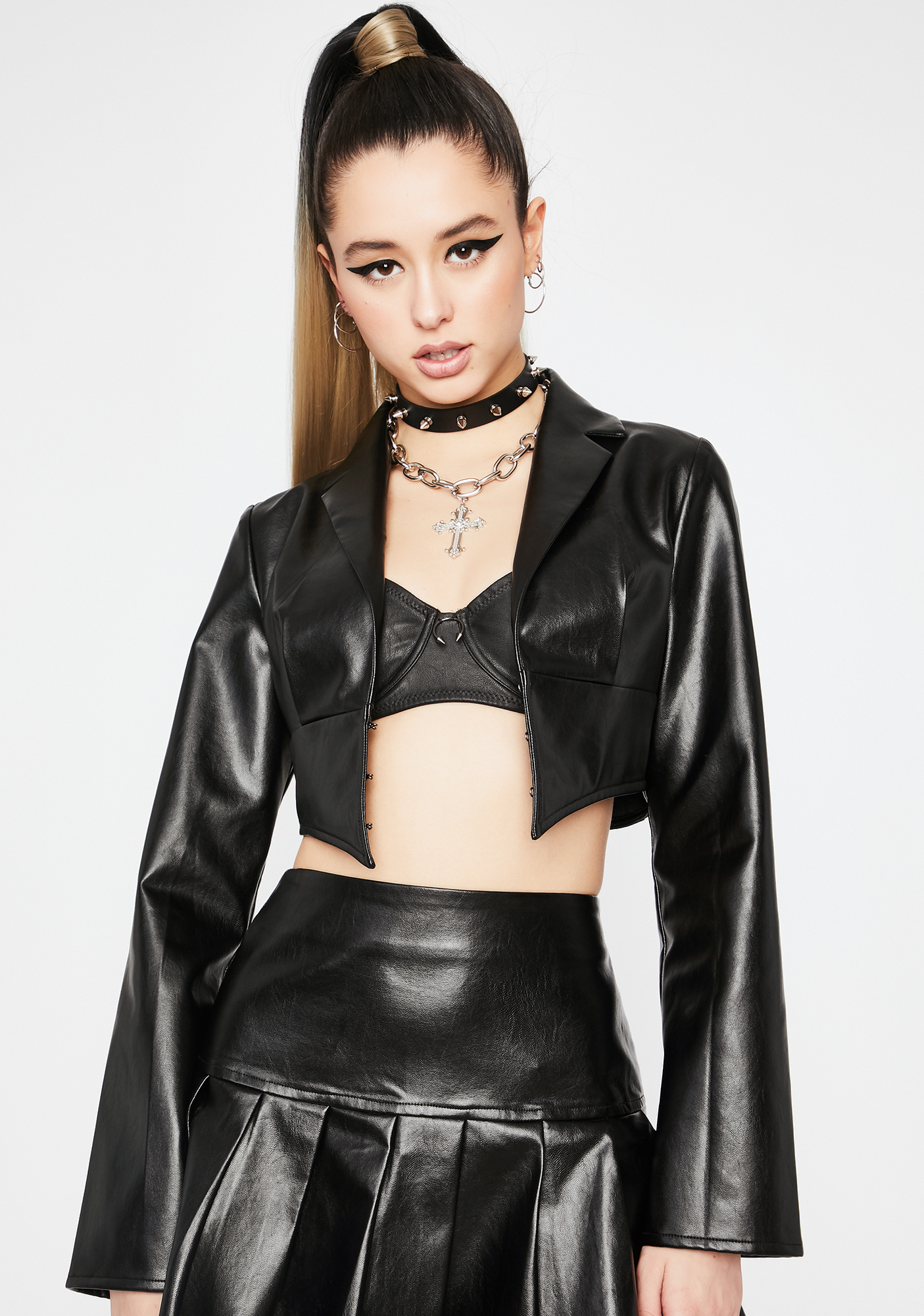 Vegan Leather PU Front Button Crop Jacket -Black | Dolls Kill