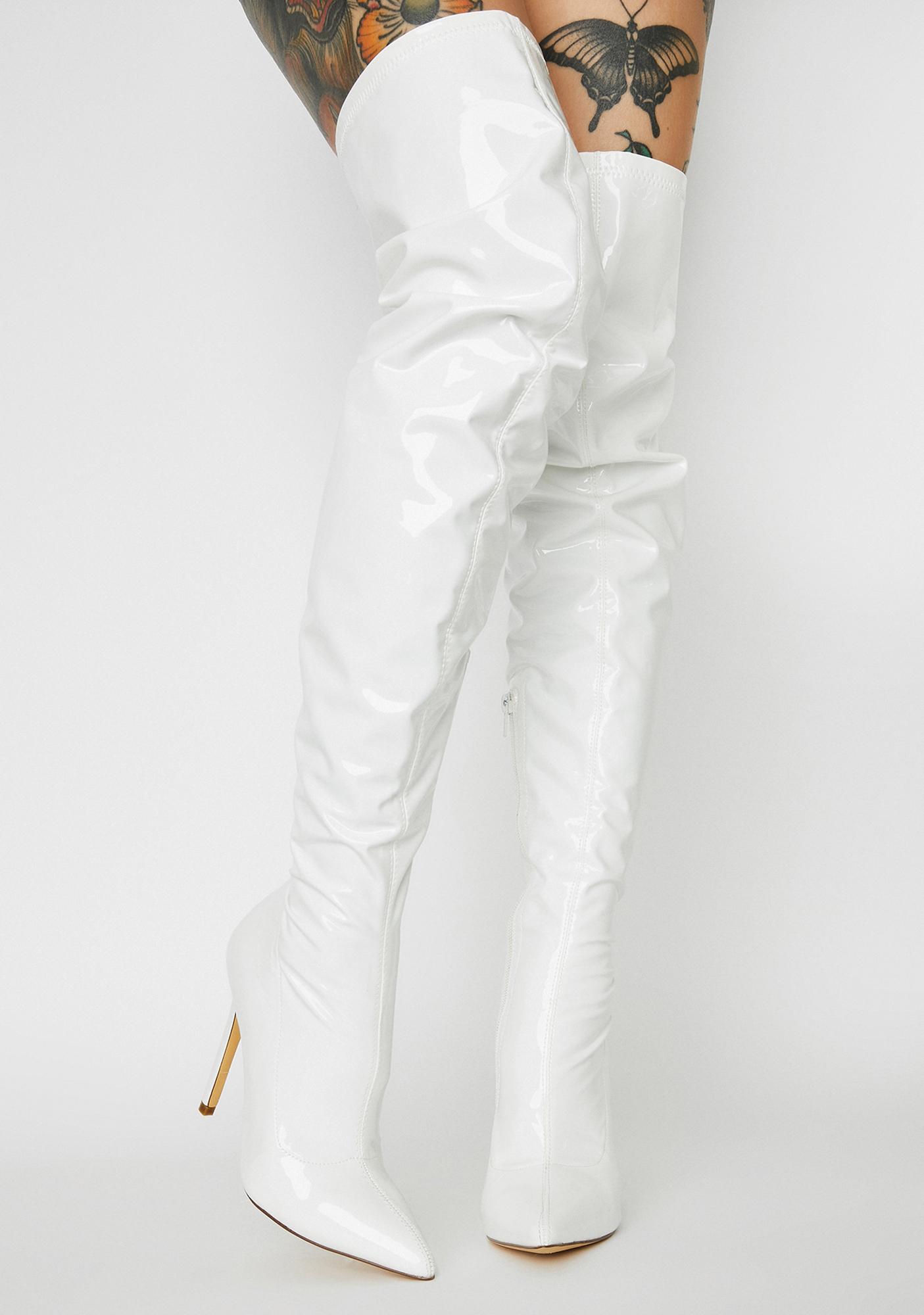 Vinyl Thigh High Stiletto Boots White 