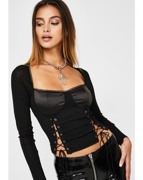 Black Silk Tie Up Long Sleeve Tee