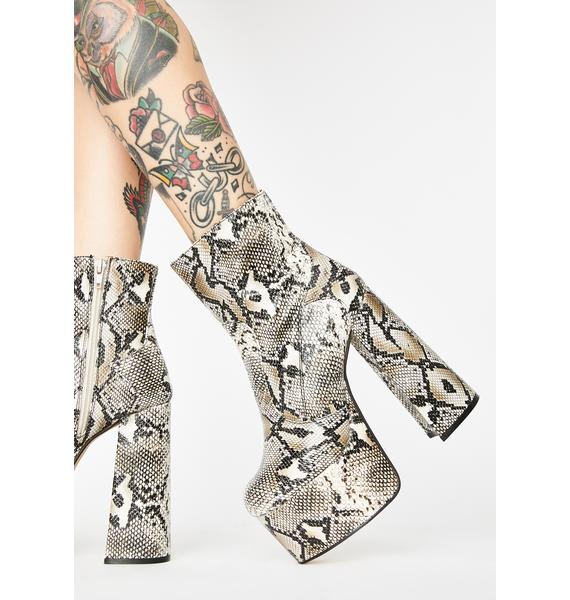 Snakeskin Platform Heeled Booties - Gray | Dolls Kill