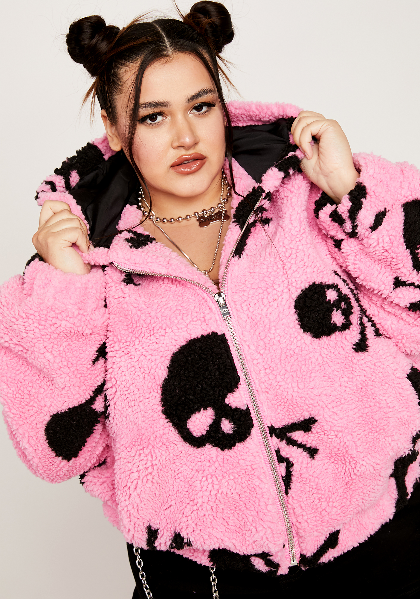 Plus Size Current Mood Skull Print Hooded Sherpa Jacket - Pink 
