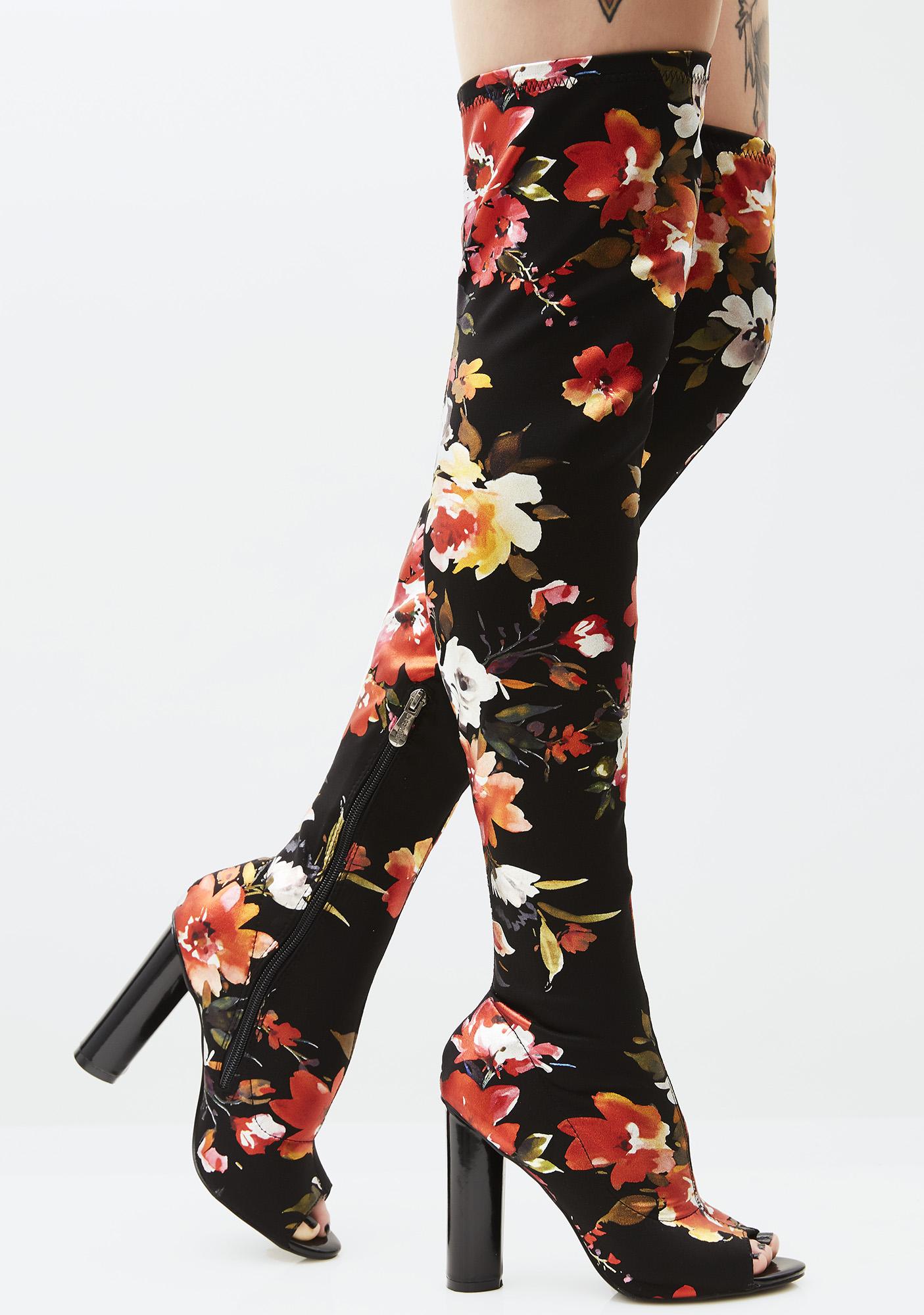Floral Peep Toe Over The Knee Boots 