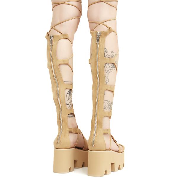 Tan Knee Lace-Up Platform Sandals | Dolls Kill