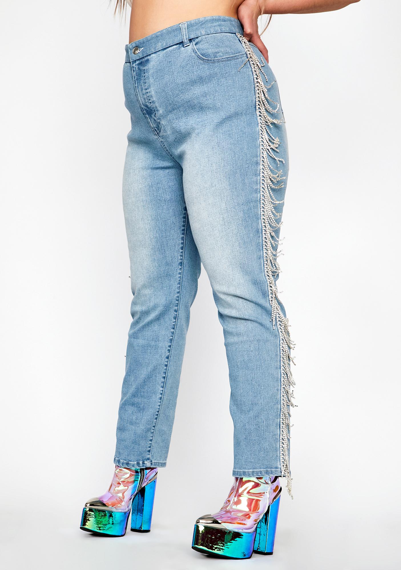 jeans with hanging rhinestones