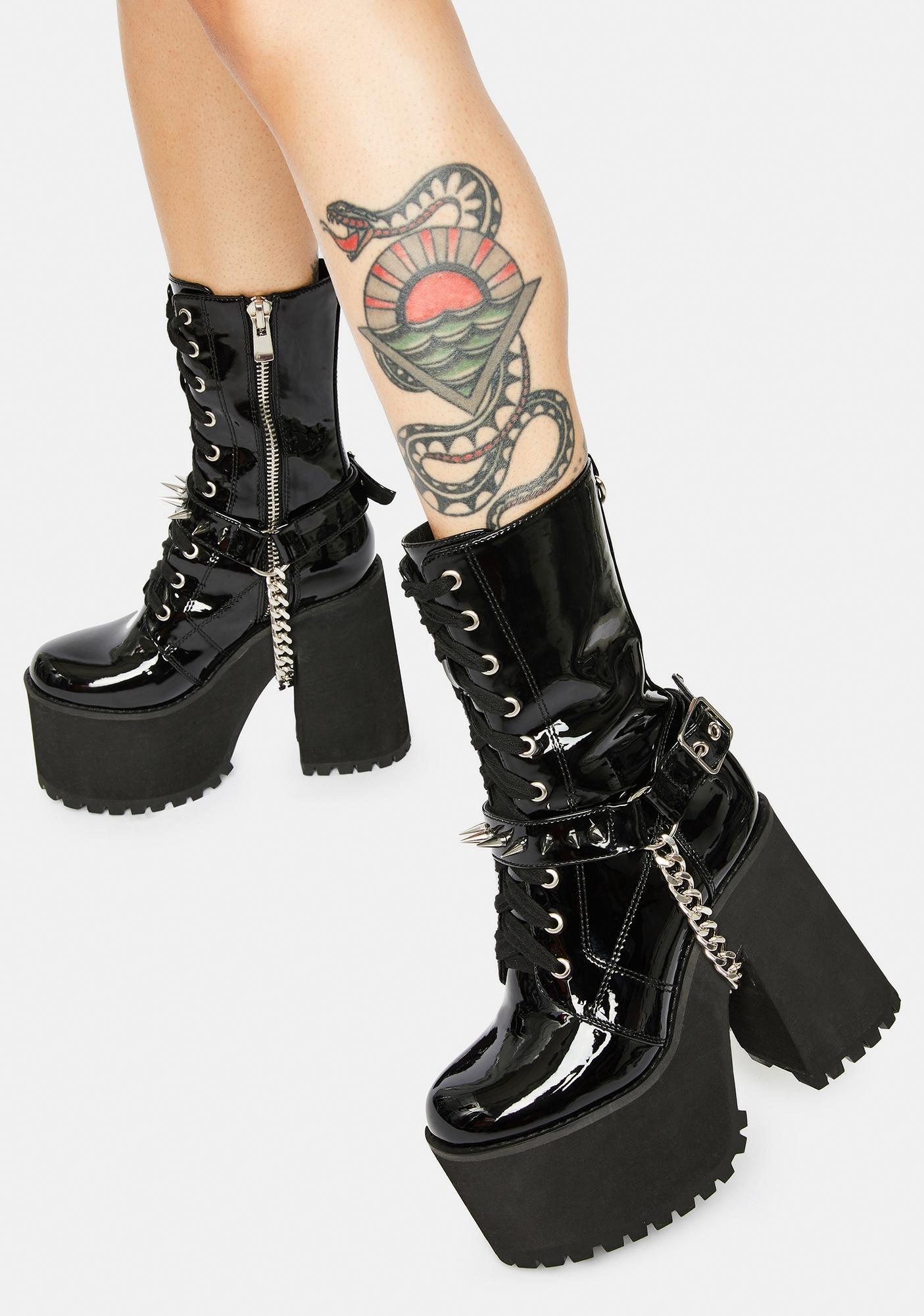 Widow Patent Faux Leather Platform Boots With Spiked Strap - Black ...