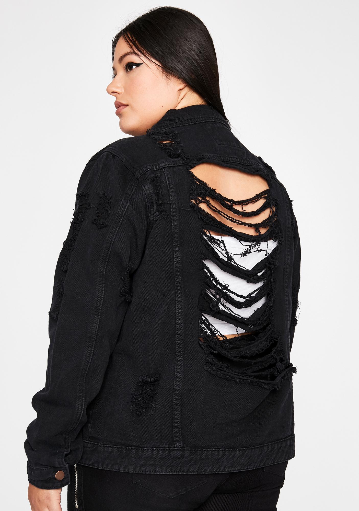 Plus Size Denim Jacket Distressed Ripped Open Back Collared Button Up Black Dolls Kill