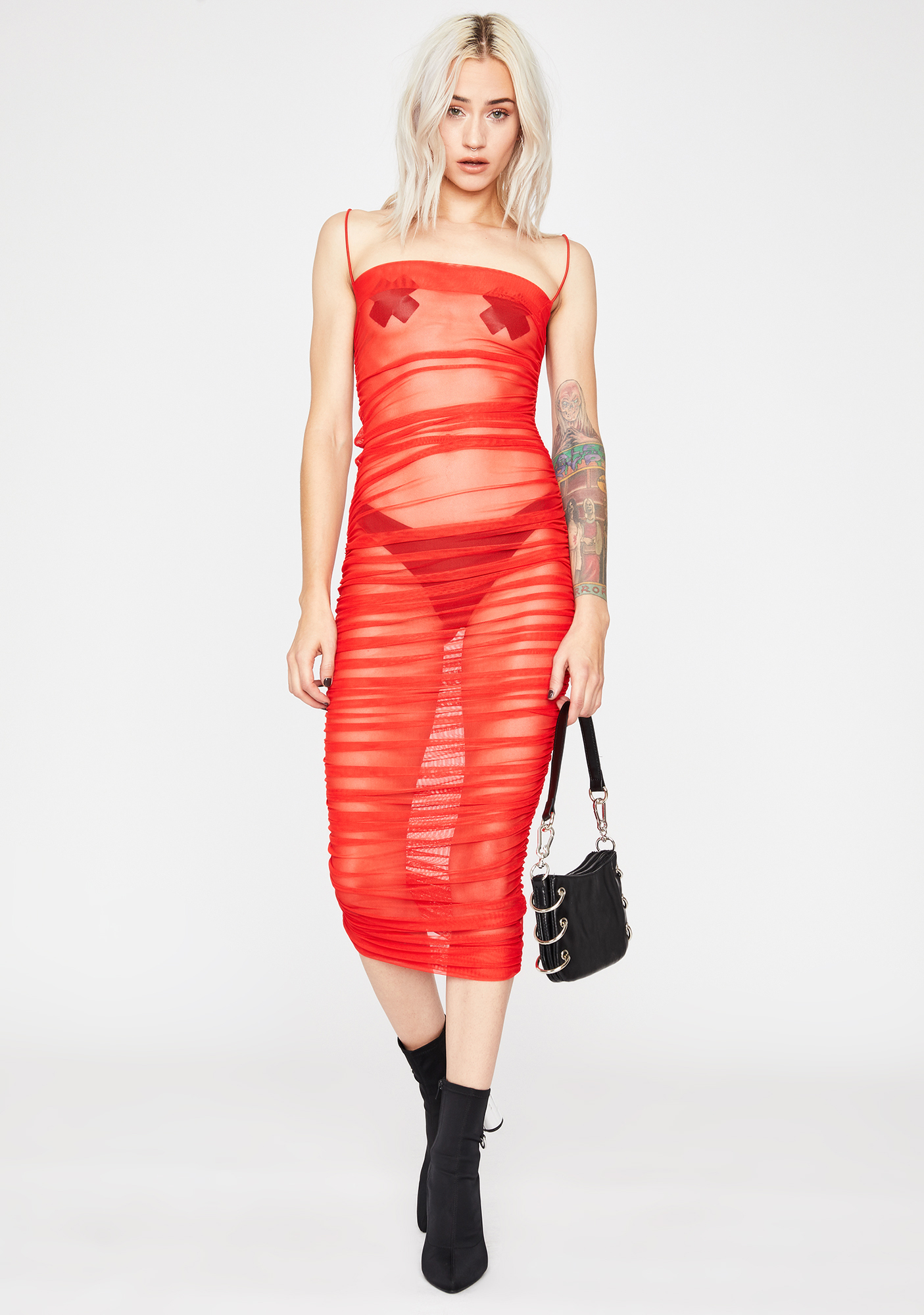 Sheer Ruched Midi Dress Mesh Red Dolls Kill