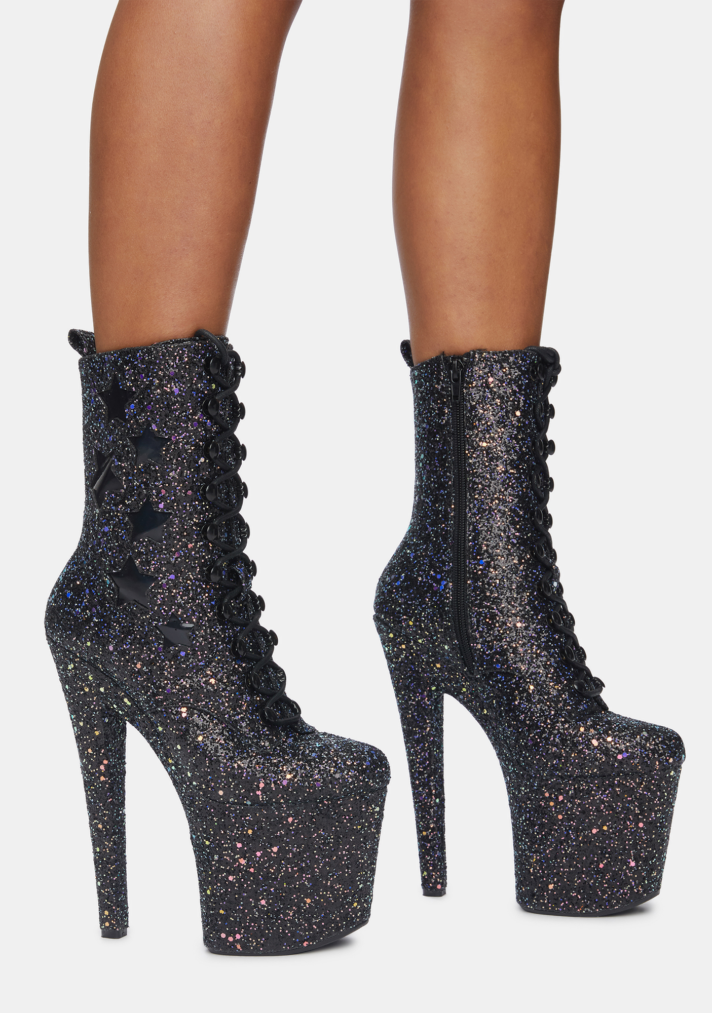 XTRA by YRU Mya Star Black Glitter Platform Boots Dolls Kill