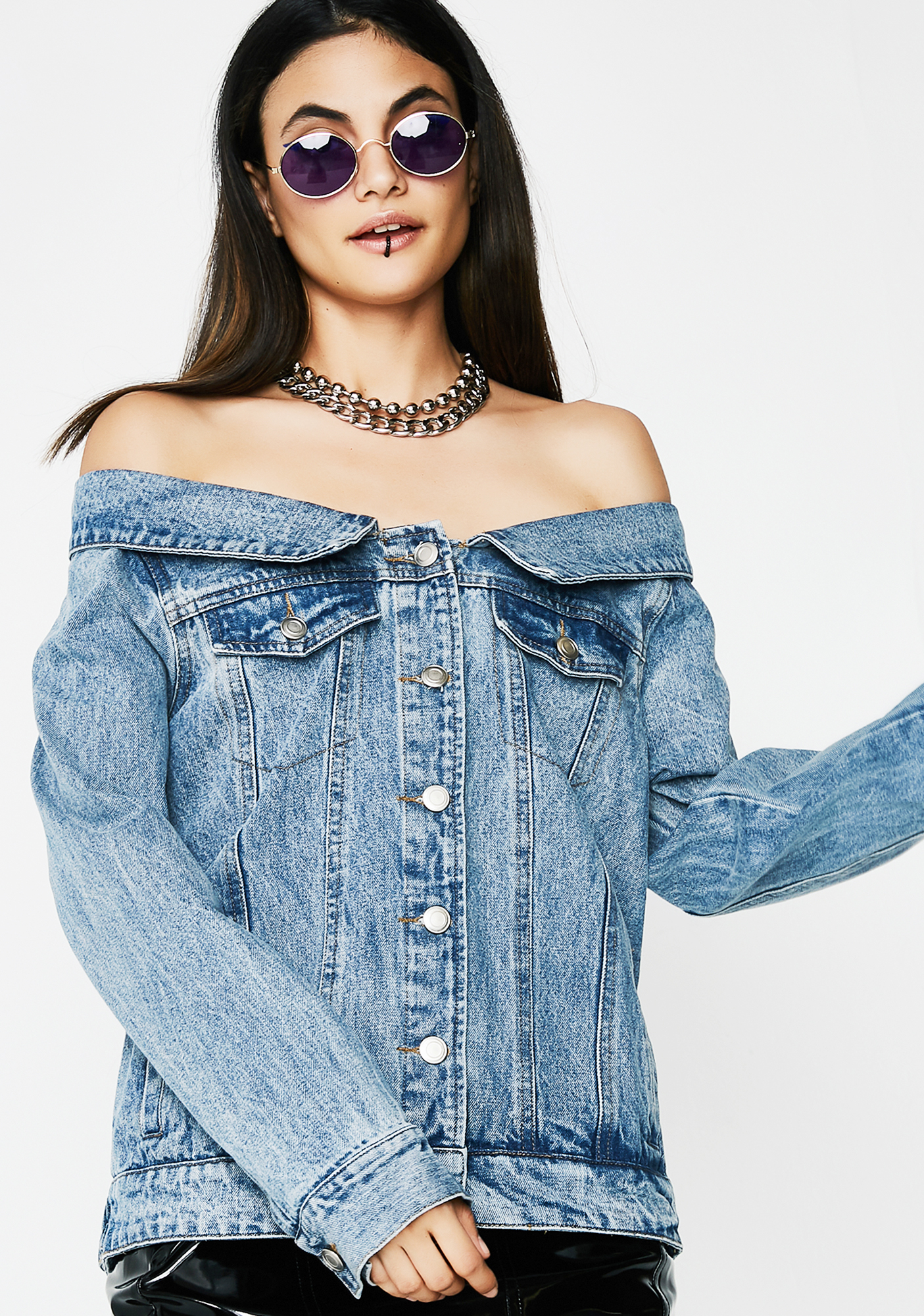 off shoulder blue jean jacket