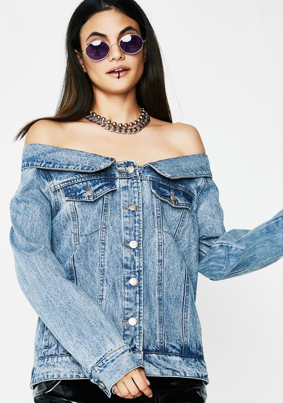 off the shoulder blue jean jacket