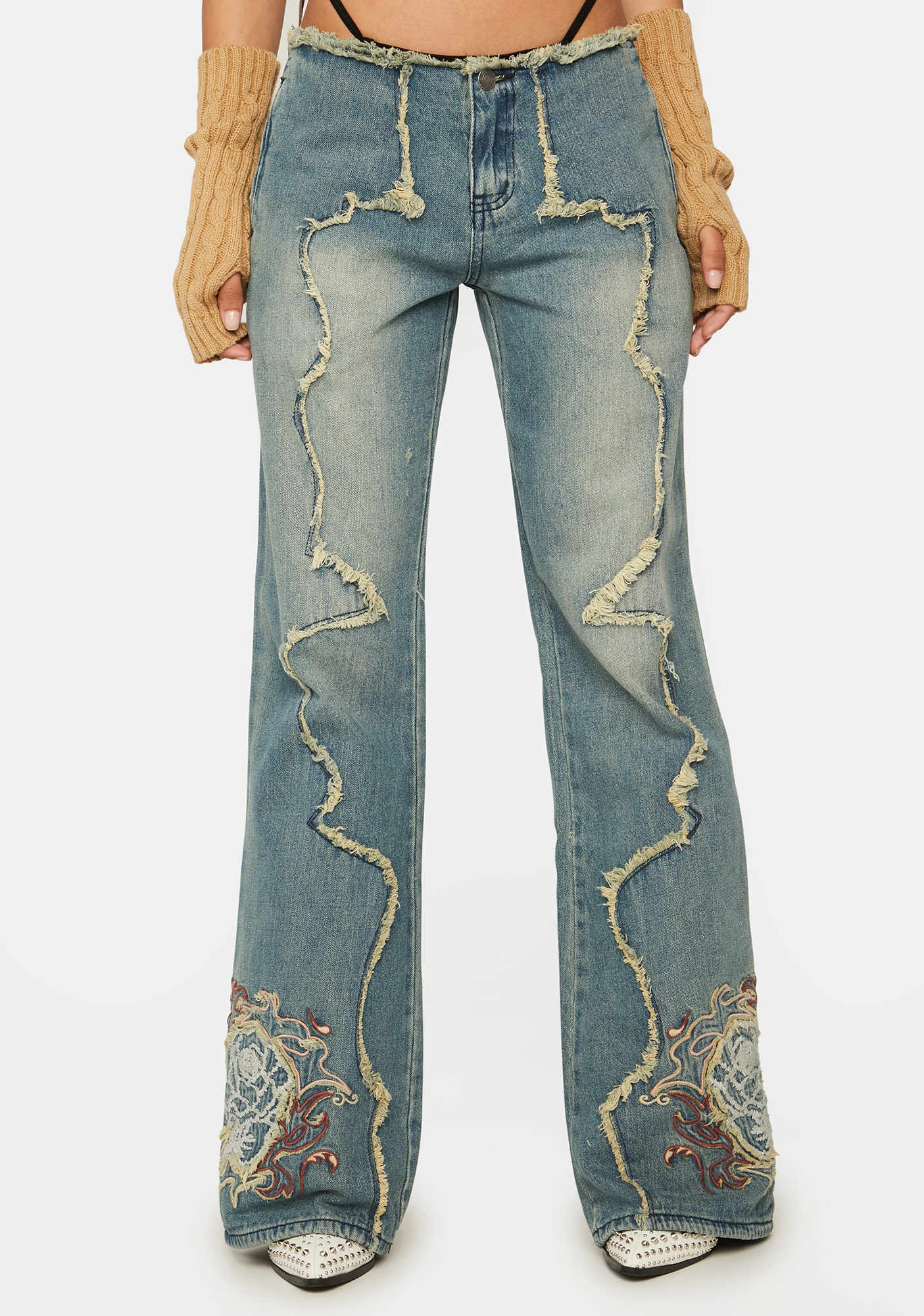 Jaded London Floral Embroidered Low Rise Denim Jeans | Dolls Kill