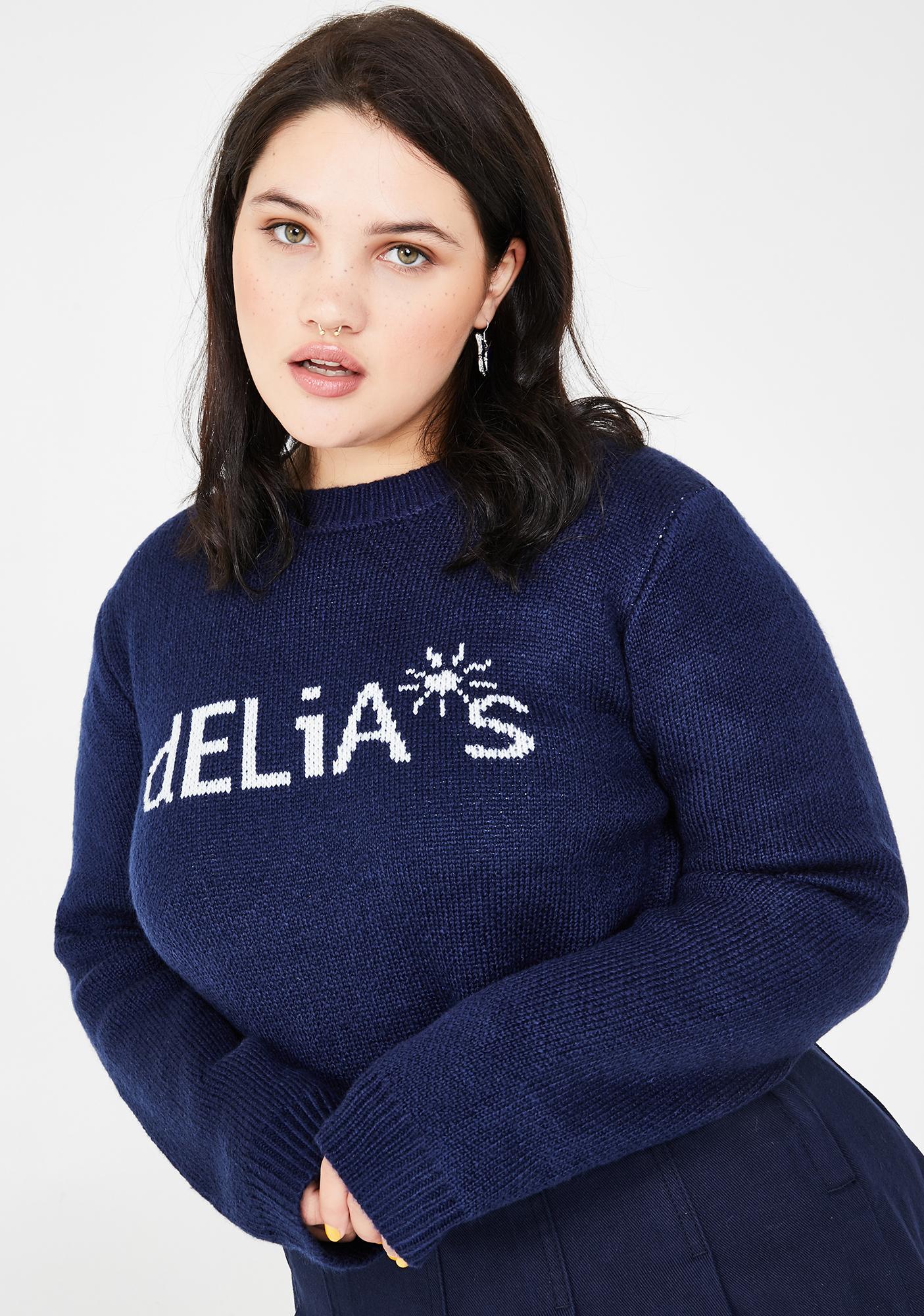 Plus Size Delias Knit Logo Sweater Blue Dolls Kill