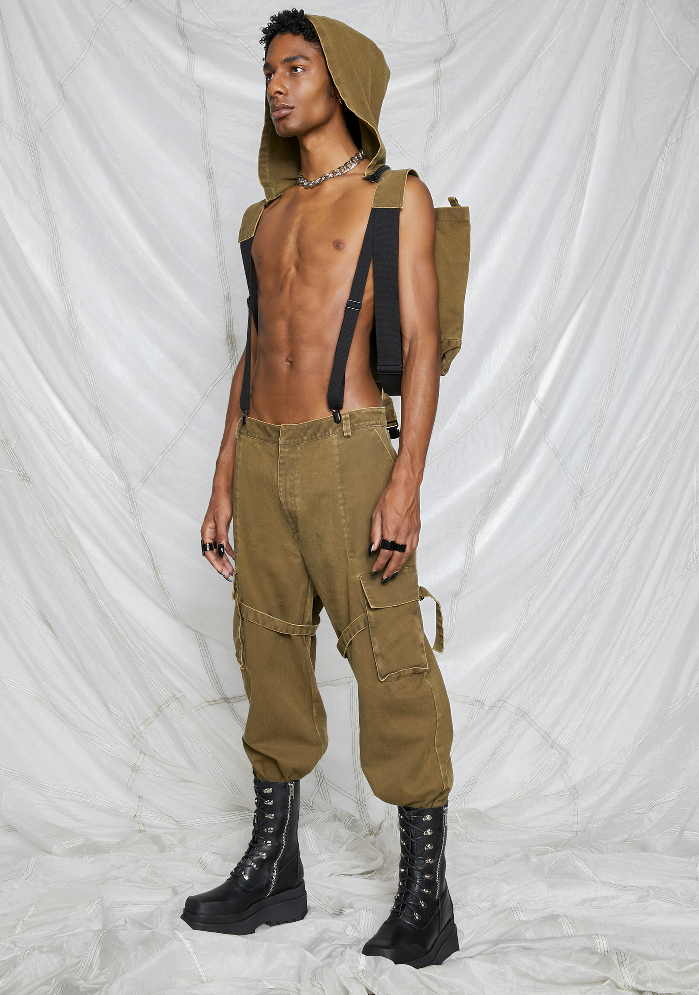 Darker Wavs Unisex Cargo Overalls With Attached Backpack Olive