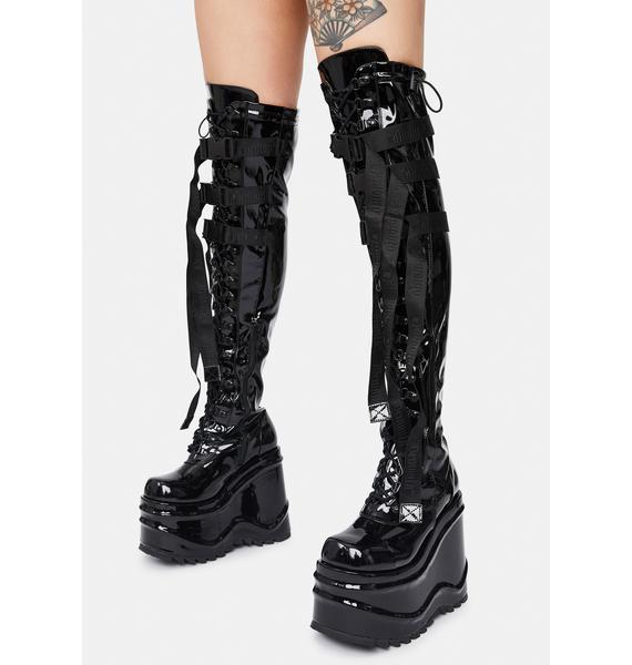 Demonia Wave 315 Patent Wedge Thigh High Boots | Dolls Kill