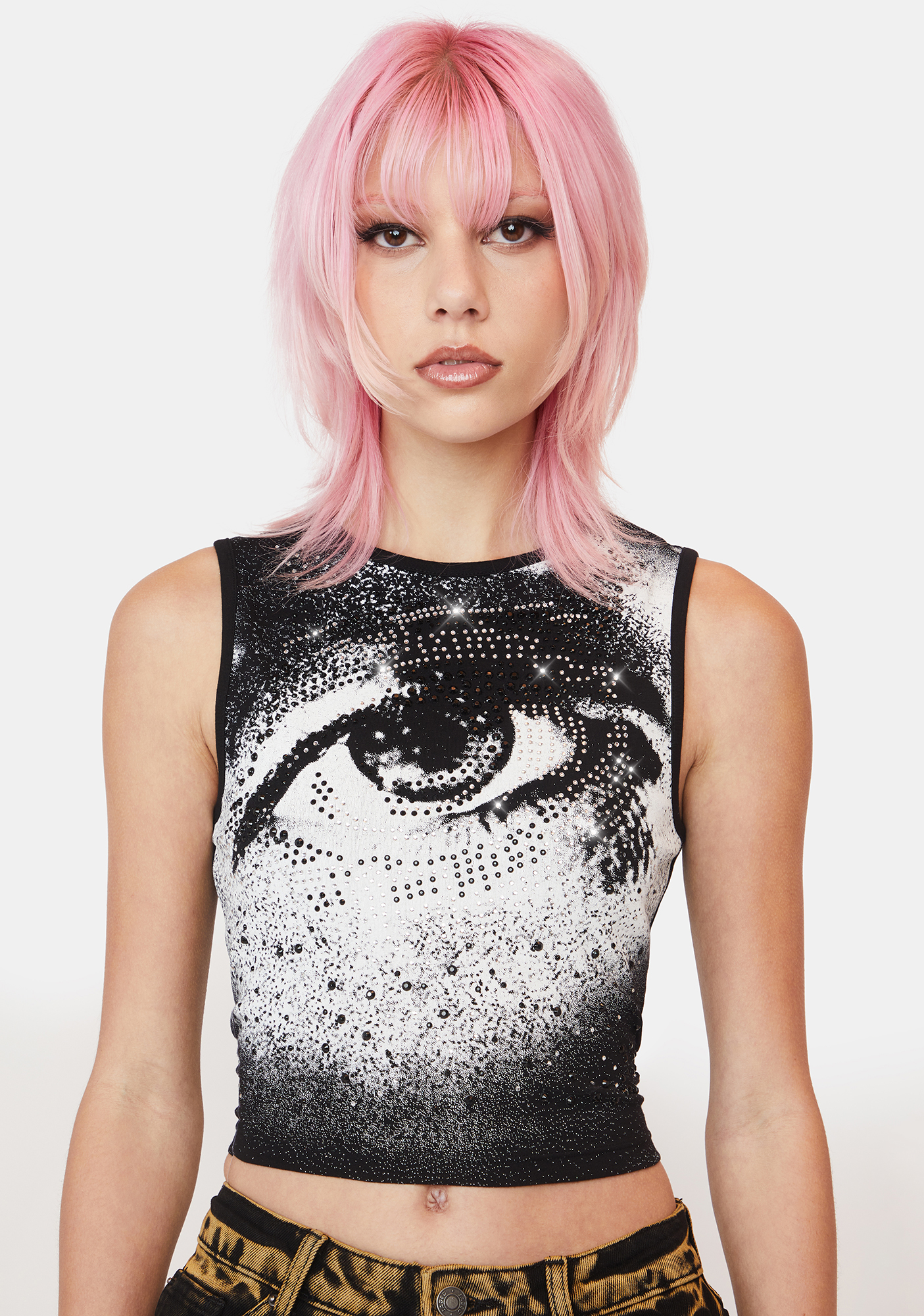 Jaded London Rhinestone Eye Print Crop Tank Black/White Dolls Kill
