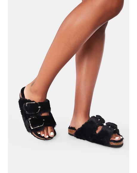 Faux Fur Double Strap Buckle Slides Black | Dolls Kill