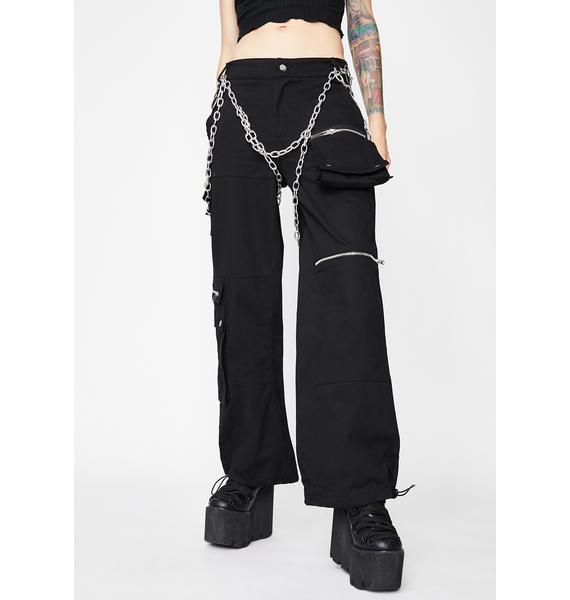 Chain Cargo Pants Cargo Pockets Low Rise Black Silver | Dolls Kill