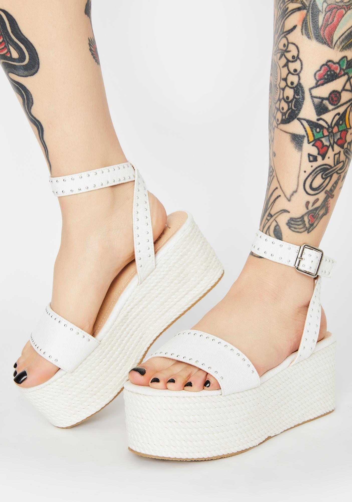 Studded Wicker Platform Sandals - White 