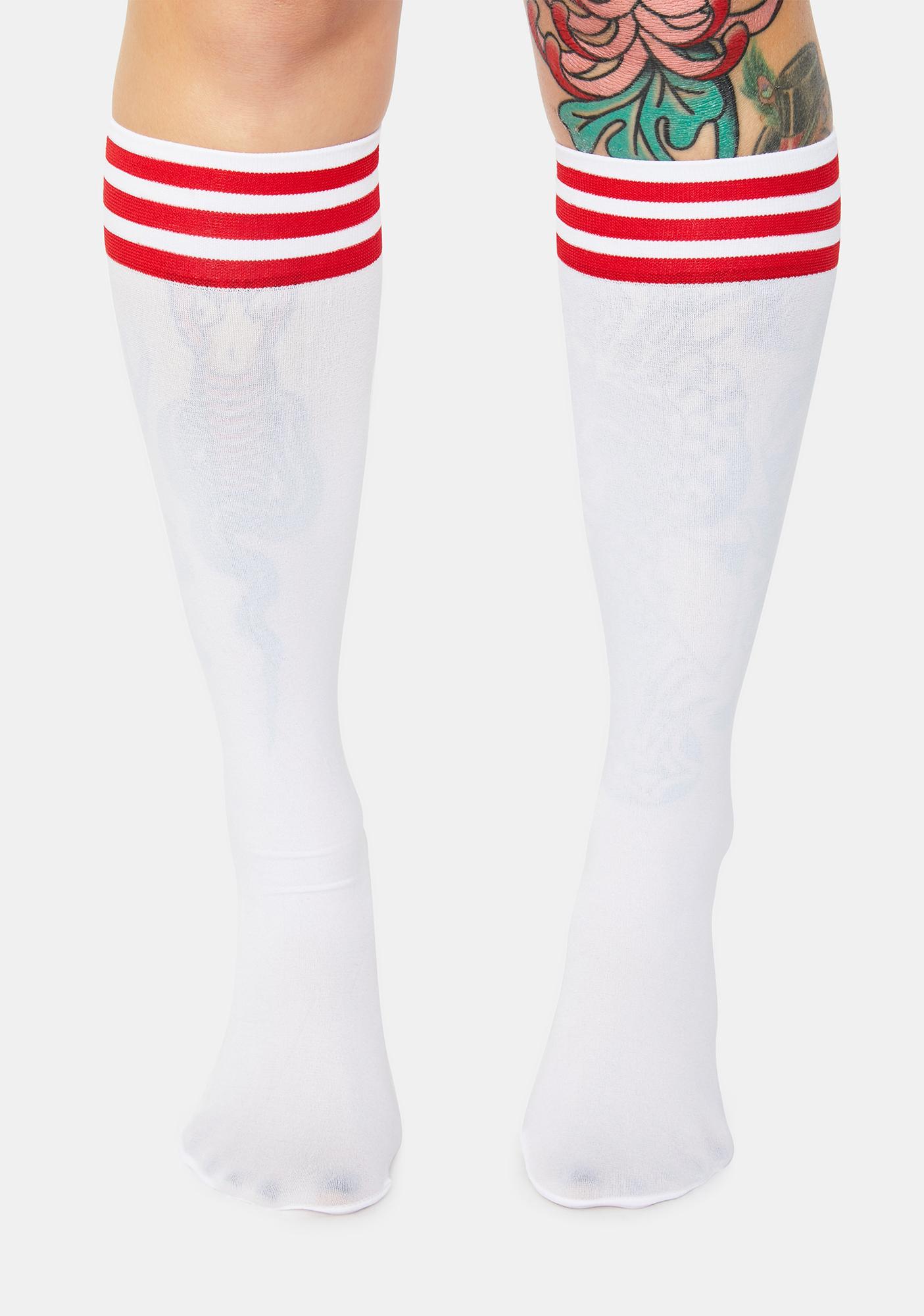 white knee high socks with red bows