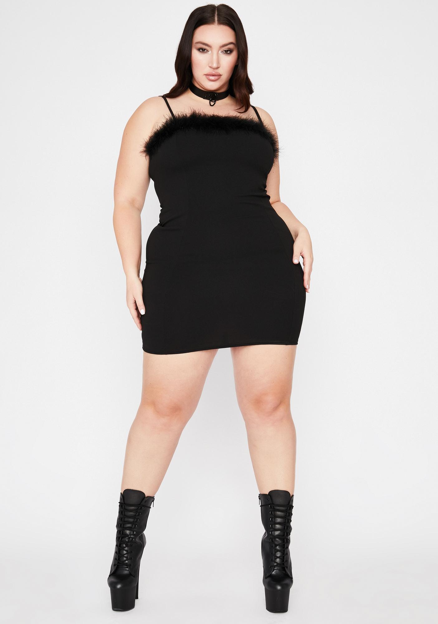 Plus Size Faux Fur Trim Mini Dress Bodycon Sleeveless Black | Dolls Kill