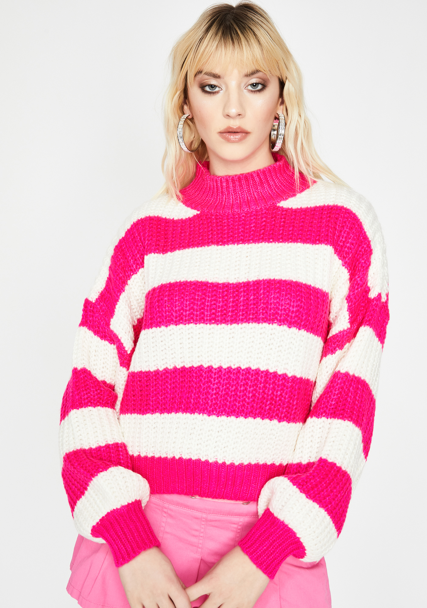 Hot Pink & White Striped Chunky Knit Turtleneck Sweater | Dolls Kill