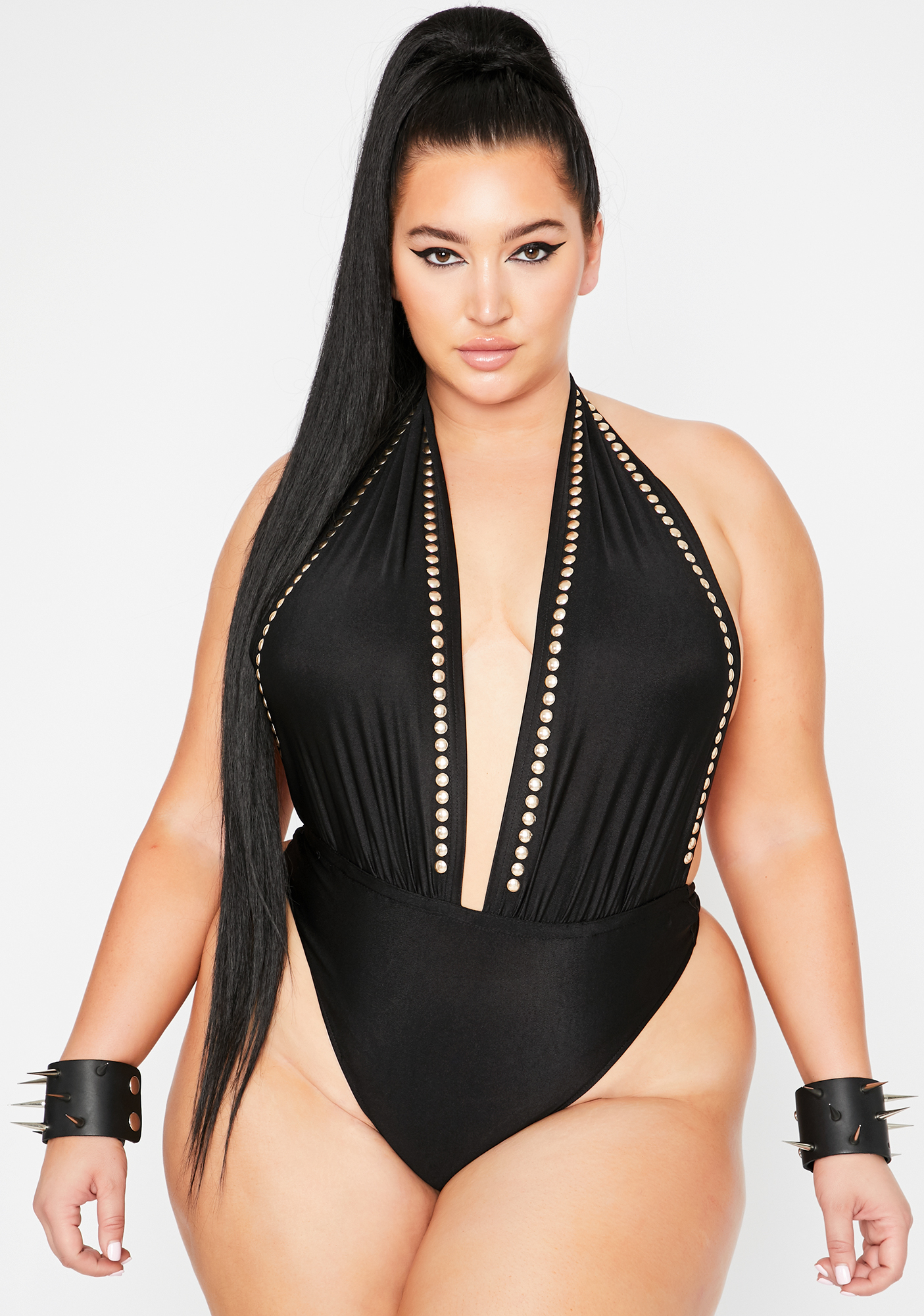 Plus Size Studded Backless Halter Bodysuit Dolls Kill