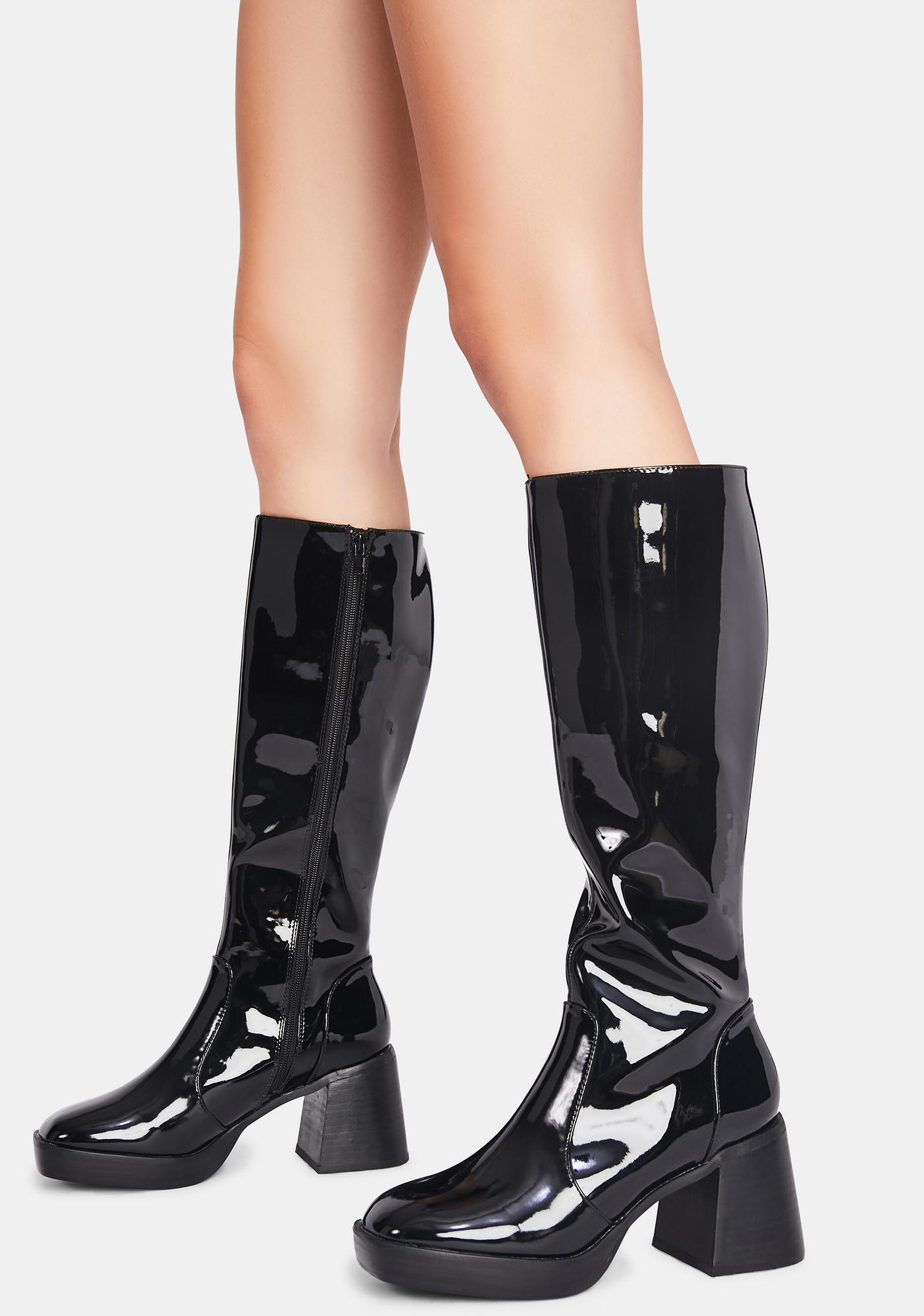 Delia's Patent Knee High Square Toe Platform Boots - Black | Dolls Kill
