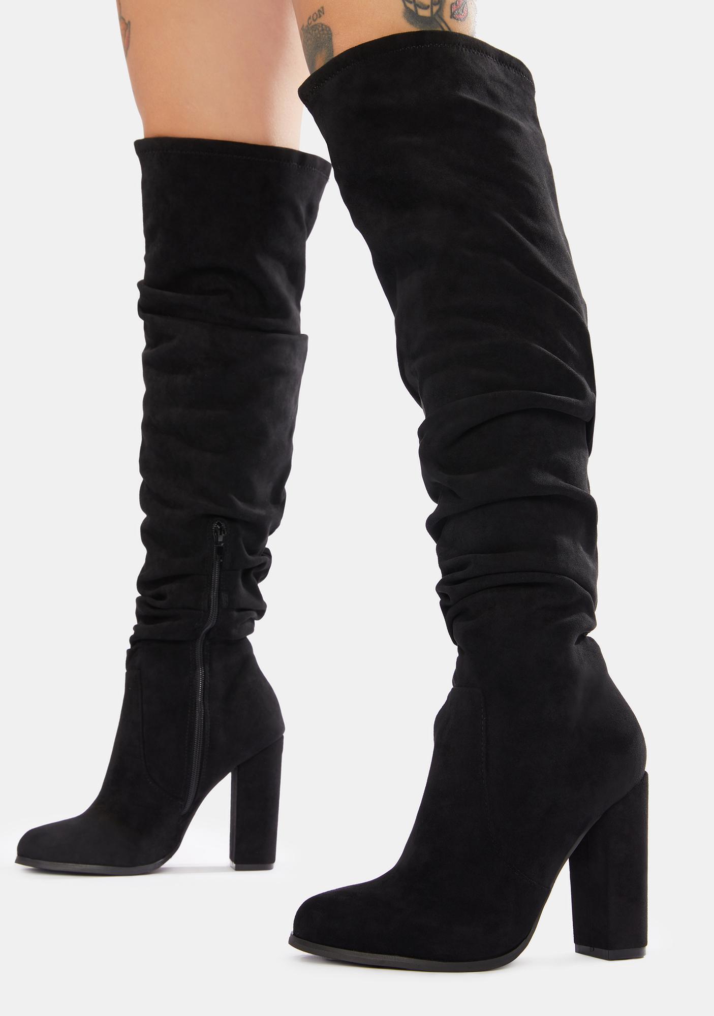 Knee High Faux Suede Slouch Boots - Black | Dolls Kill