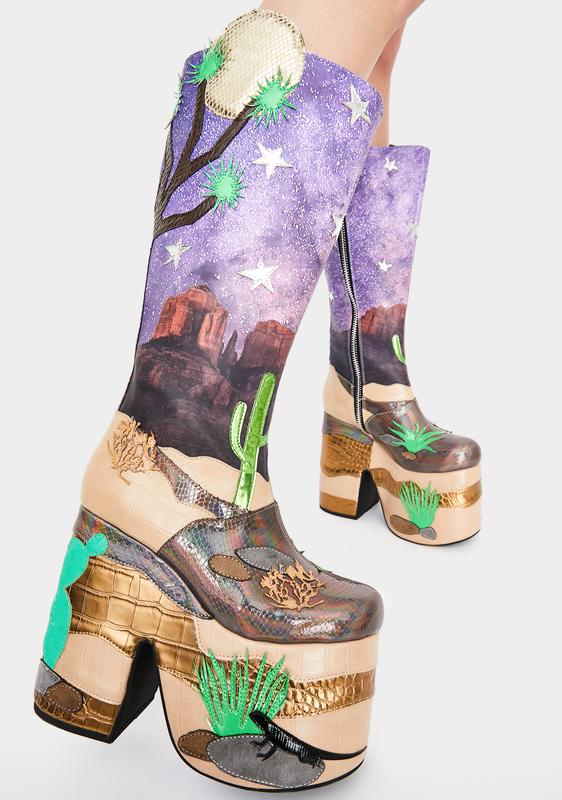 Club Exx Desert Scene Snakeskin Knee High Platform Boots -Rainbow Club Exx Desert Scene Snakeskin Knee High Platform Boots -Rainbow