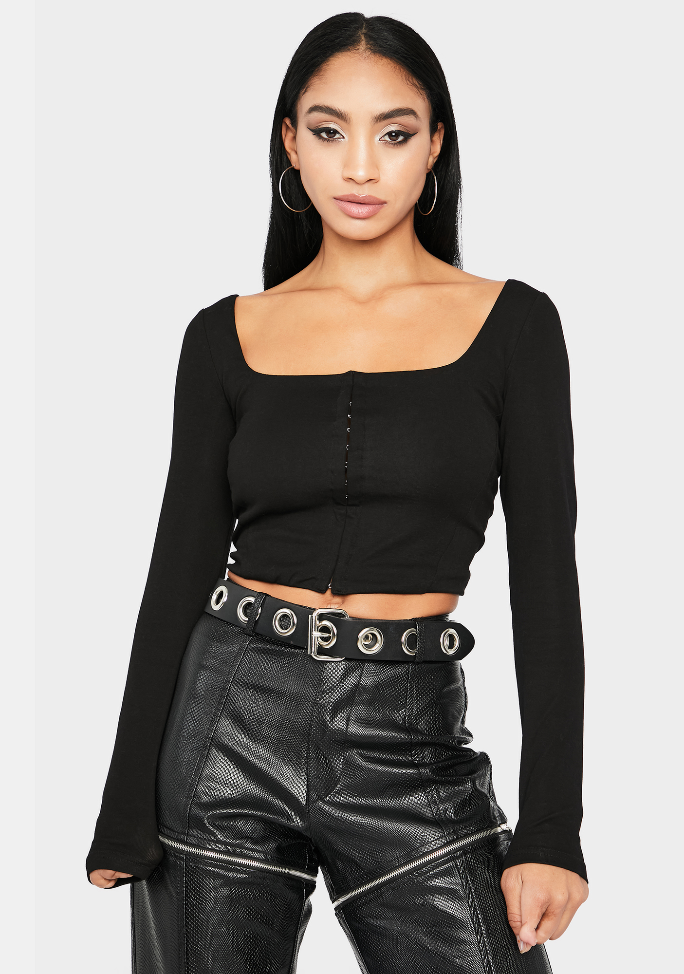 Hook And Eye Closure Long Sleeve Crop Top - Black | Dolls Kill