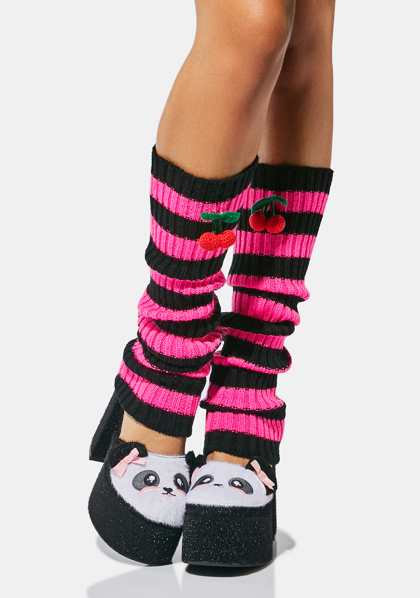 Striped Knit Cherry Pom Pom Leg Warmers Pink/Black Dolls Kill