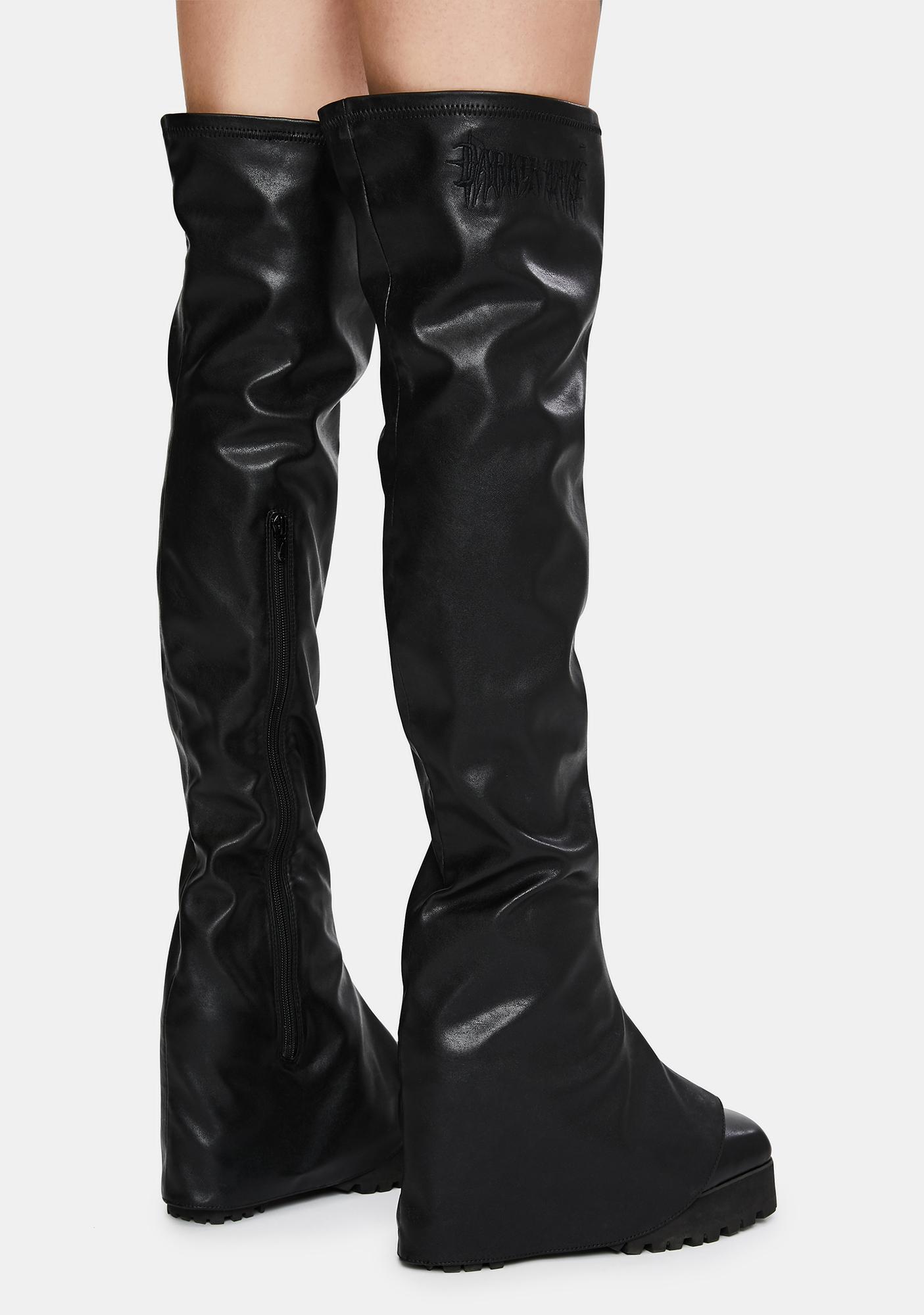Darker Wavs Thigh High Pant Boots Black Vegan Leather Dolls Kill
