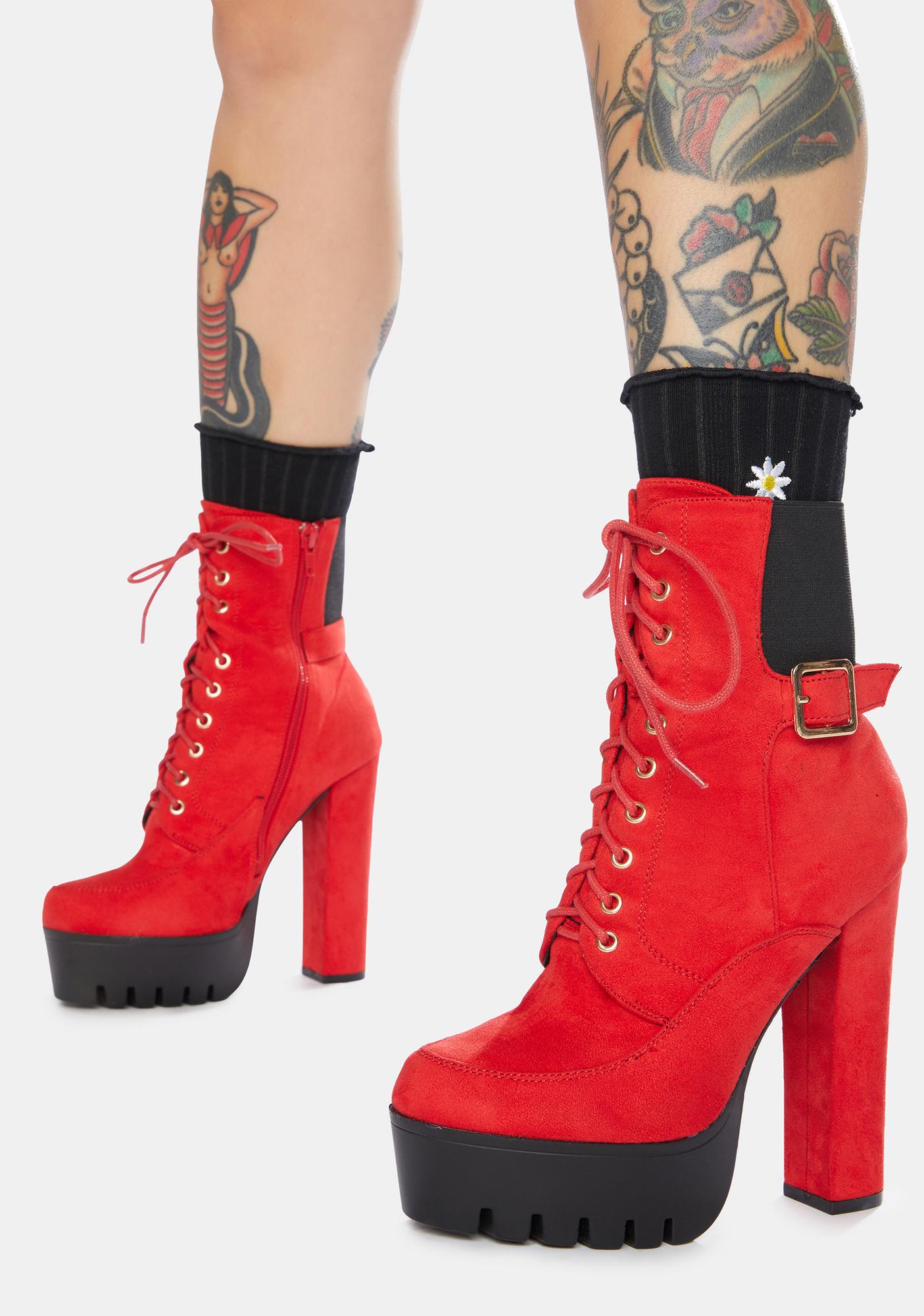 Faux Suede Lace Up Buckle Platform Ankle Boots Red Dolls Kill