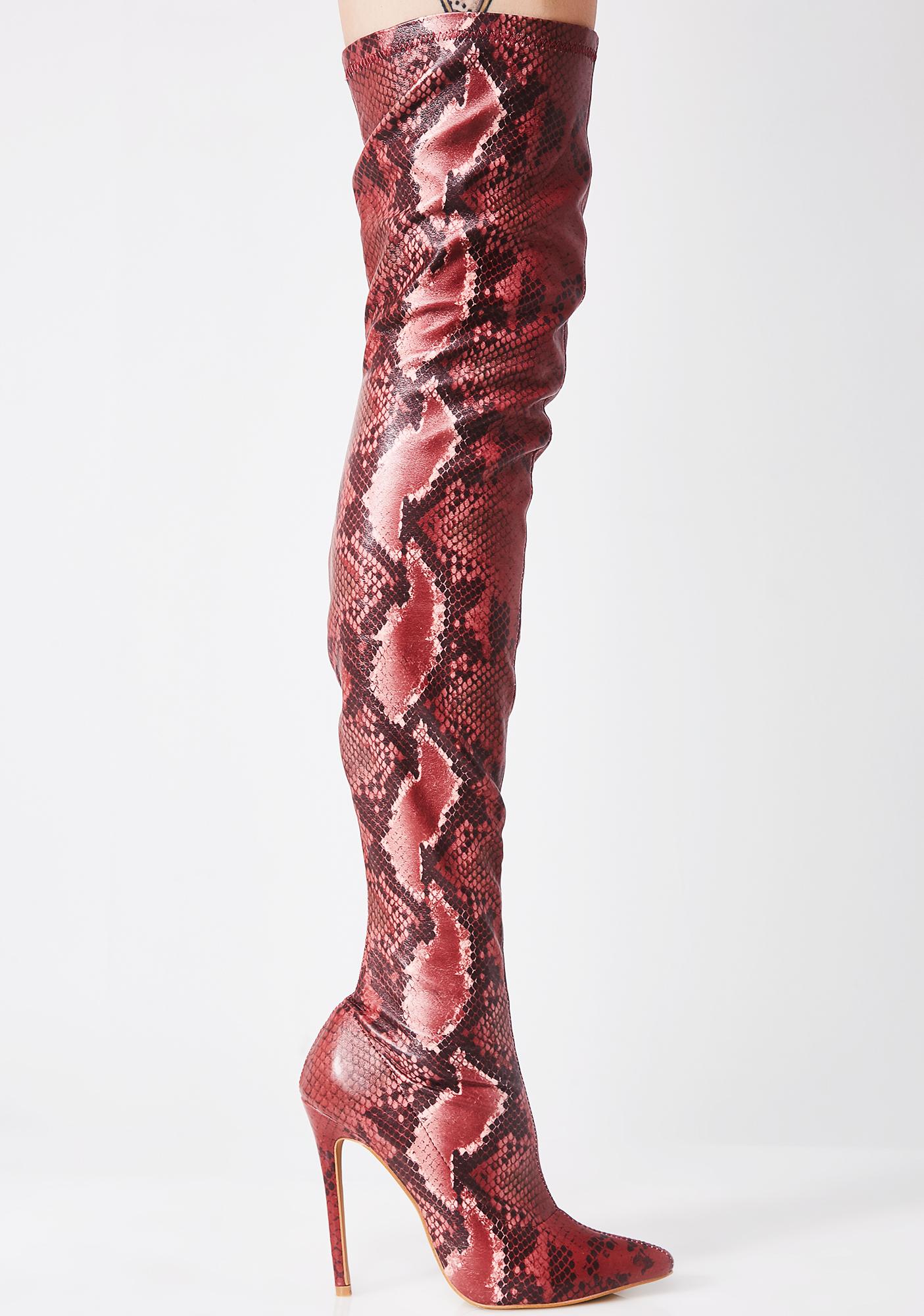 red snakeskin thigh high boots