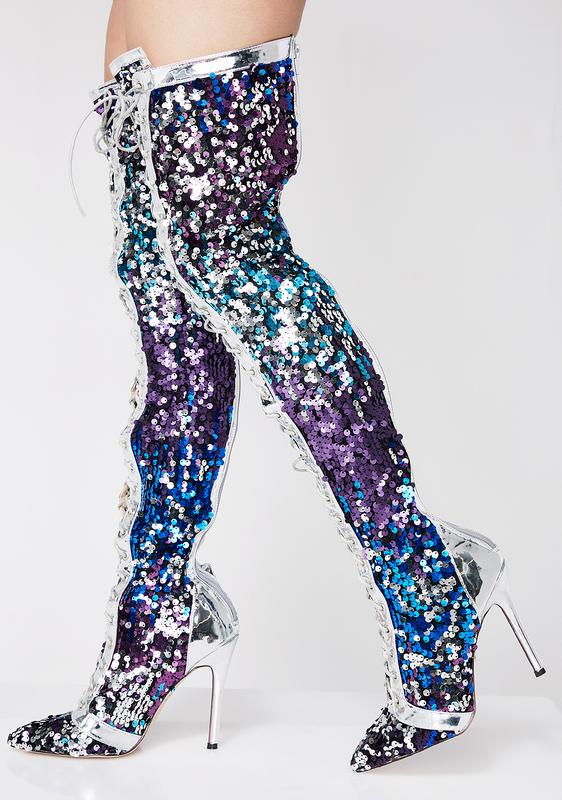silver sequin thigh high boots