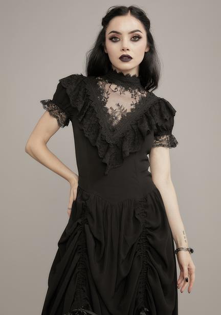 Widow Lace Bell Sleeve V-Neck Mini Dress - Black | Dolls Kill