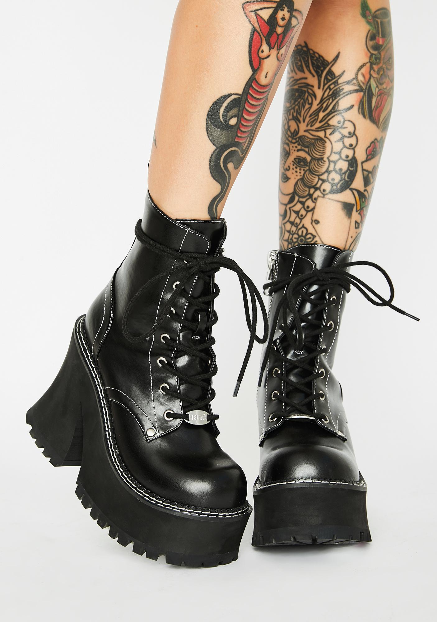 Vegan Leather Platform Heel Boots Black 