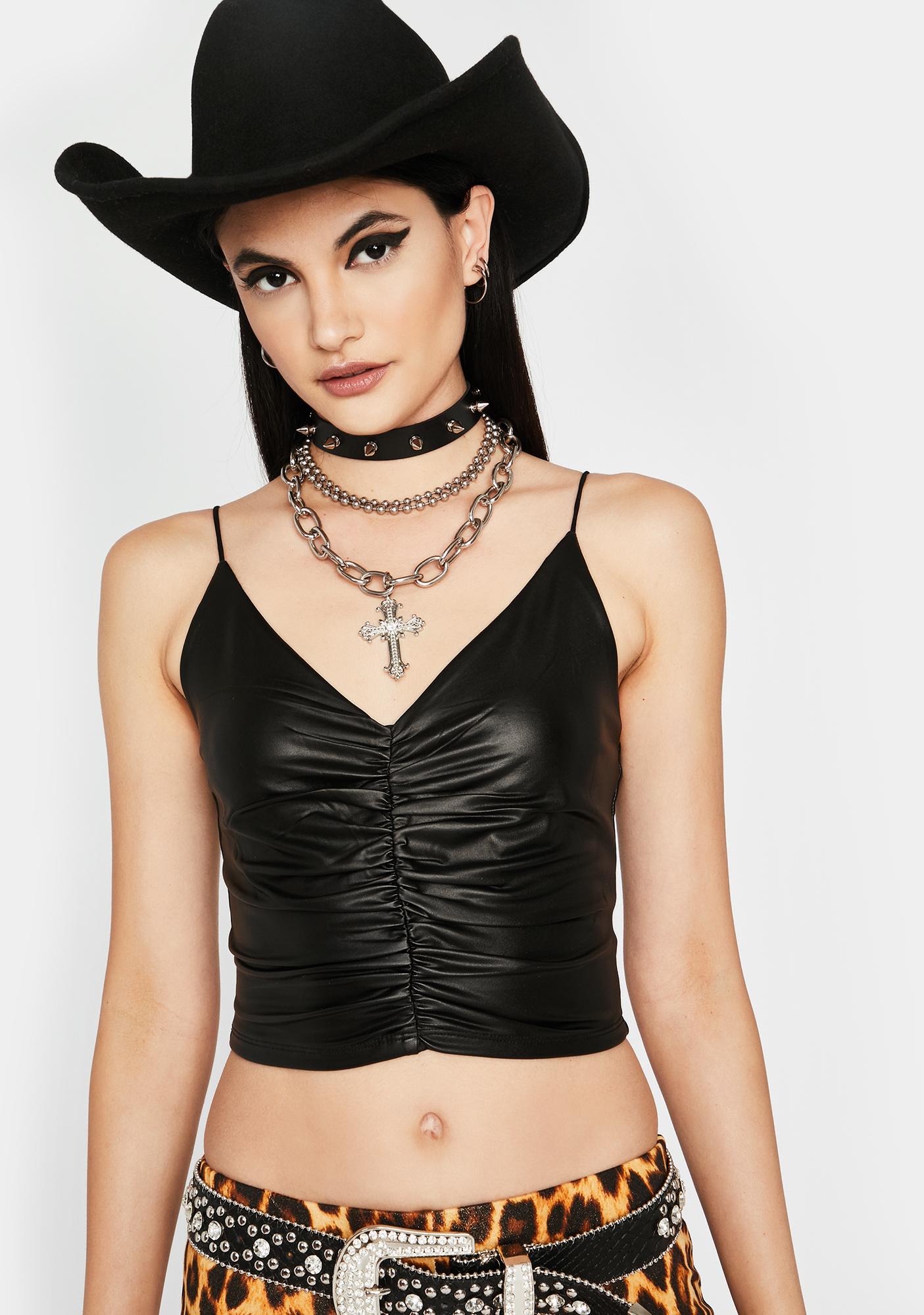 Faux Leather Ruched Crop Cami Black | Dolls Kill