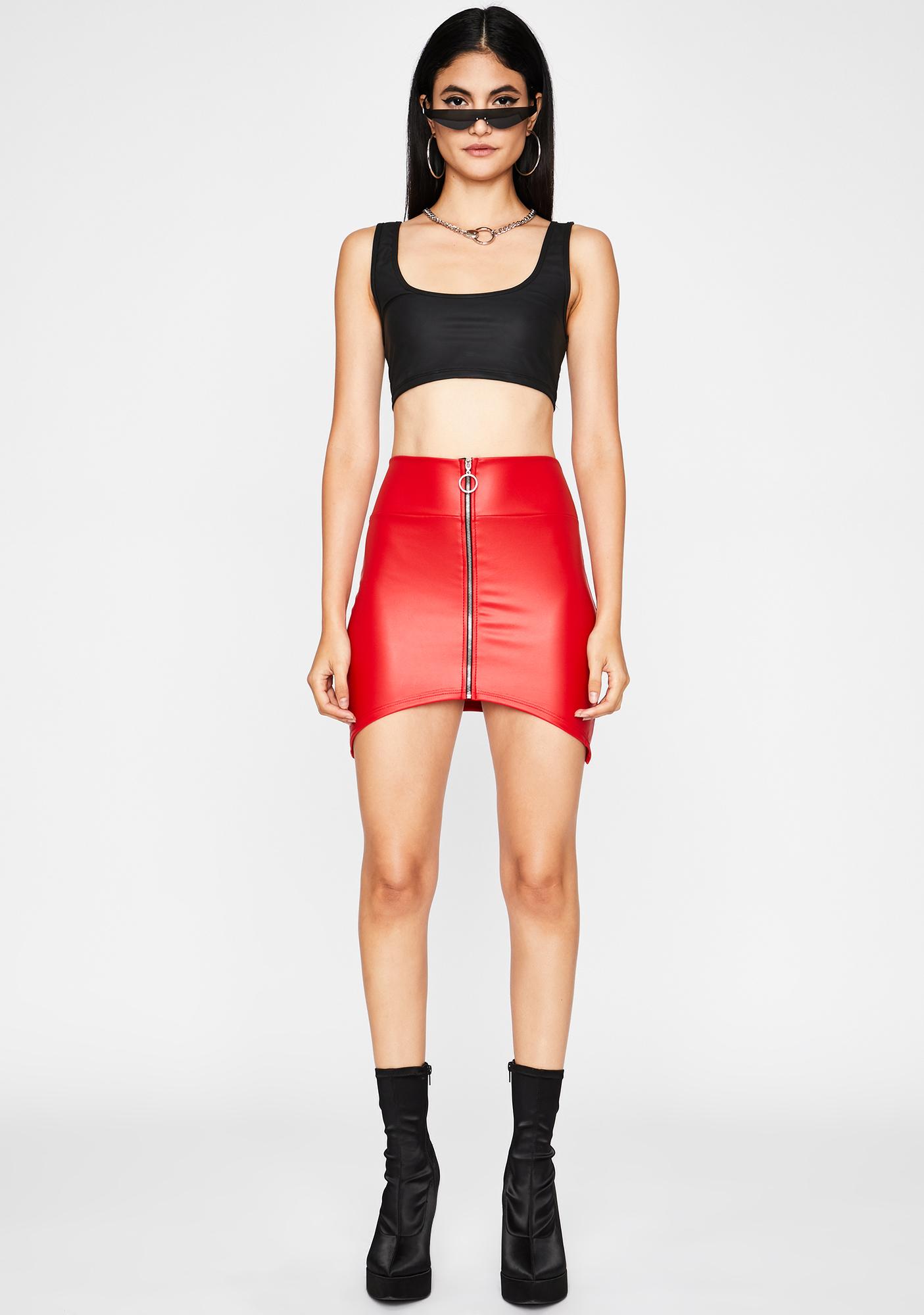 High Waist Mini Skirt Curve Hem O Ring Zip Red | Dolls Kill