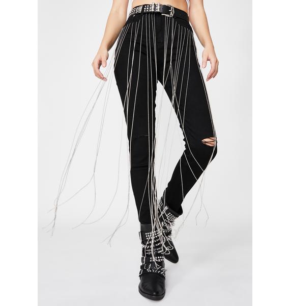 Black Dark Wash Distressed Denim Jeans Rhinestone Fringe Tassels