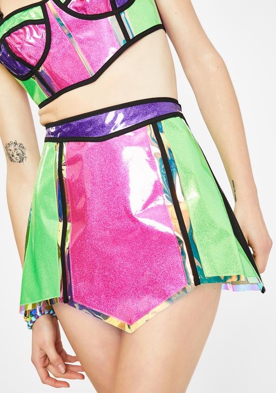 Club Exx Glitter Vinyl Colorblock Iridescent Mini Skirt Pink Neon 