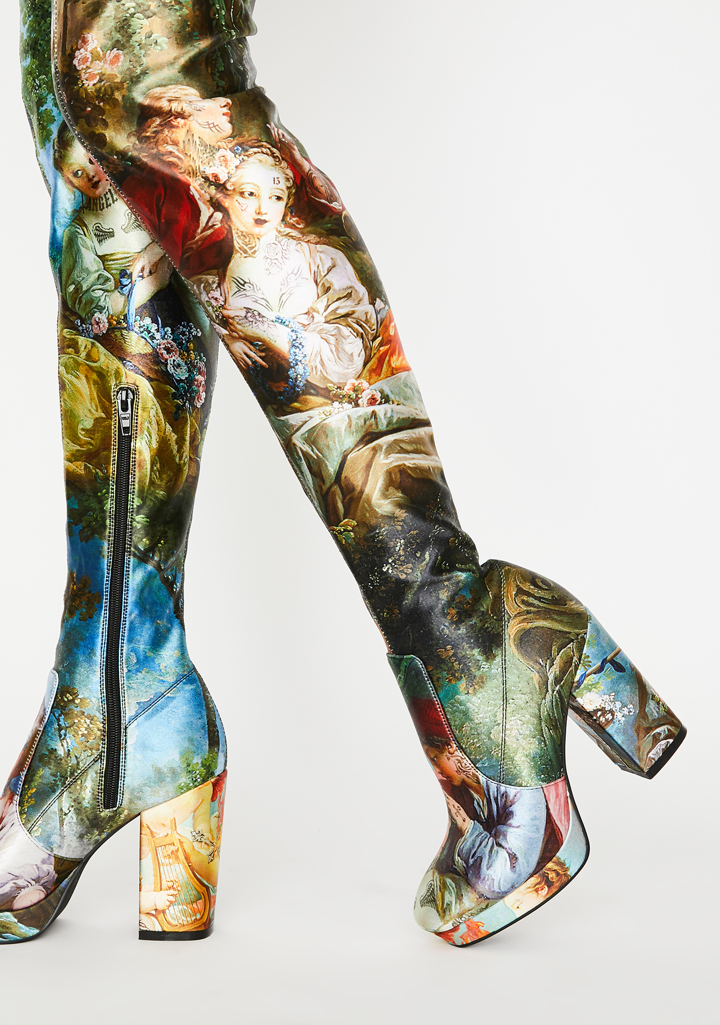 printed thigh high boots