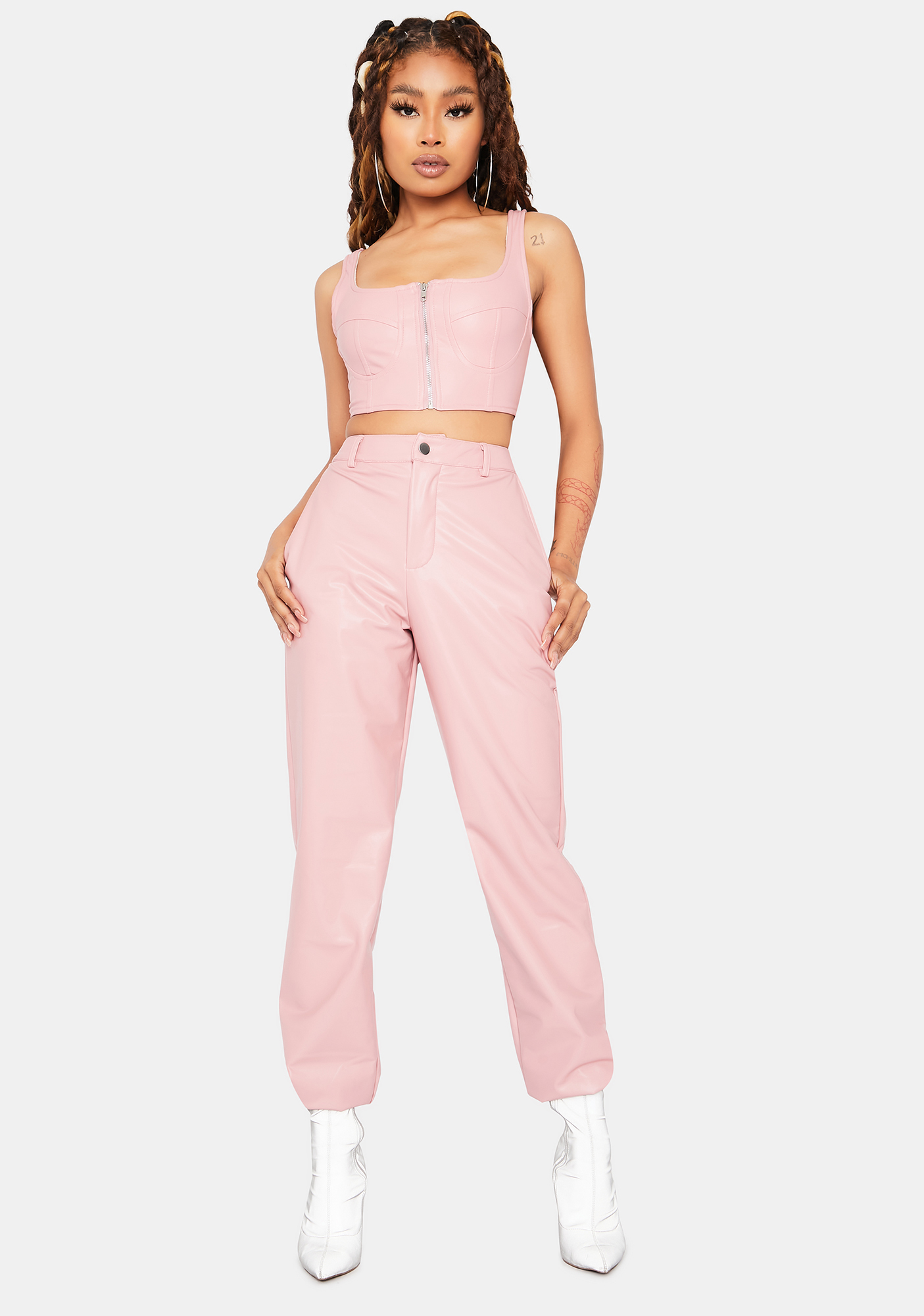 Zip Up Crop Tank And Pants Set - Light Pink Vegan Leather | Dolls Kill